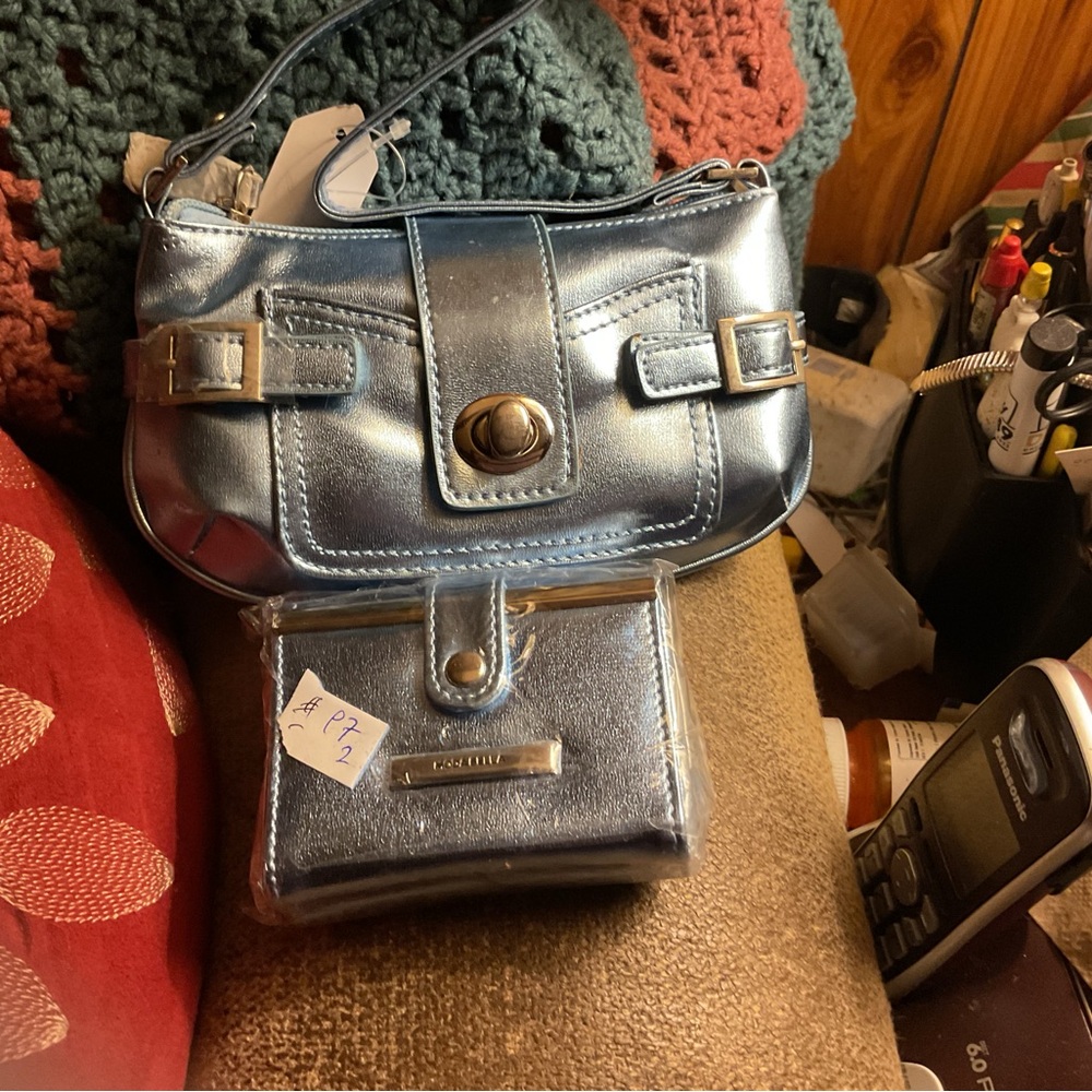 AMPERE CREATIONS Metallic Blue Handbag and  MODA BELLA Wallet Set NWT